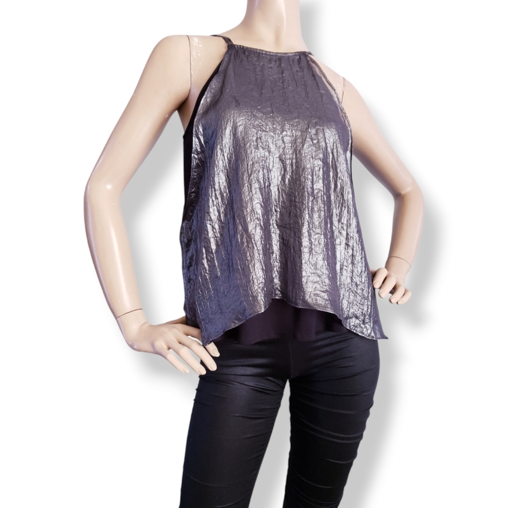3ena Pewter Crinkled Metallic Double Layered Top